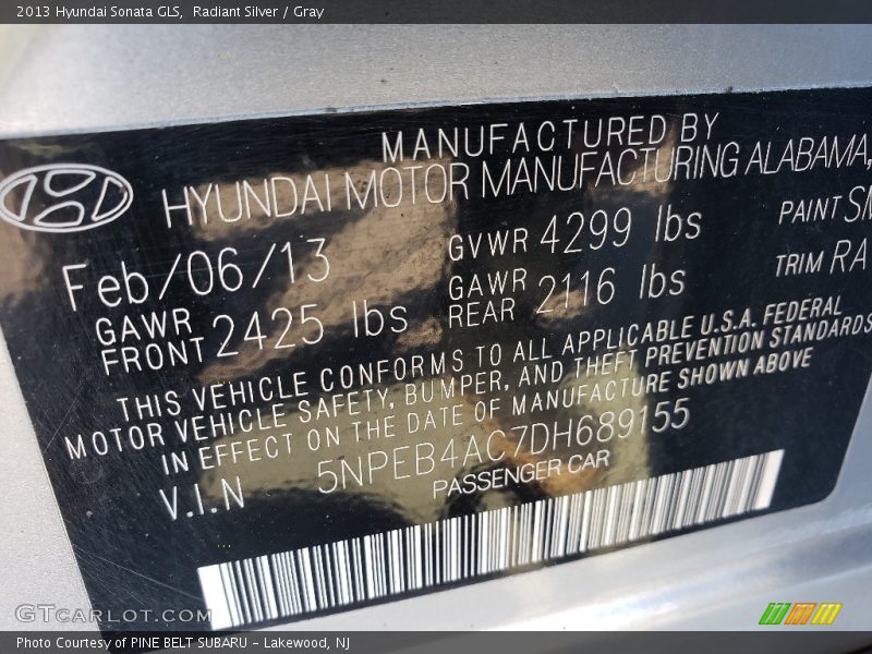 Radiant Silver / Gray 2013 Hyundai Sonata GLS