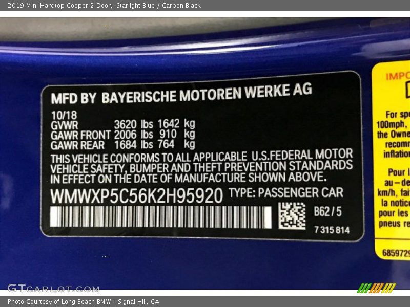 2019 Hardtop Cooper 2 Door Starlight Blue Color Code B62