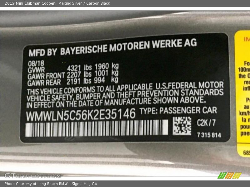 2019 Clubman Cooper Melting Silver Color Code C2K