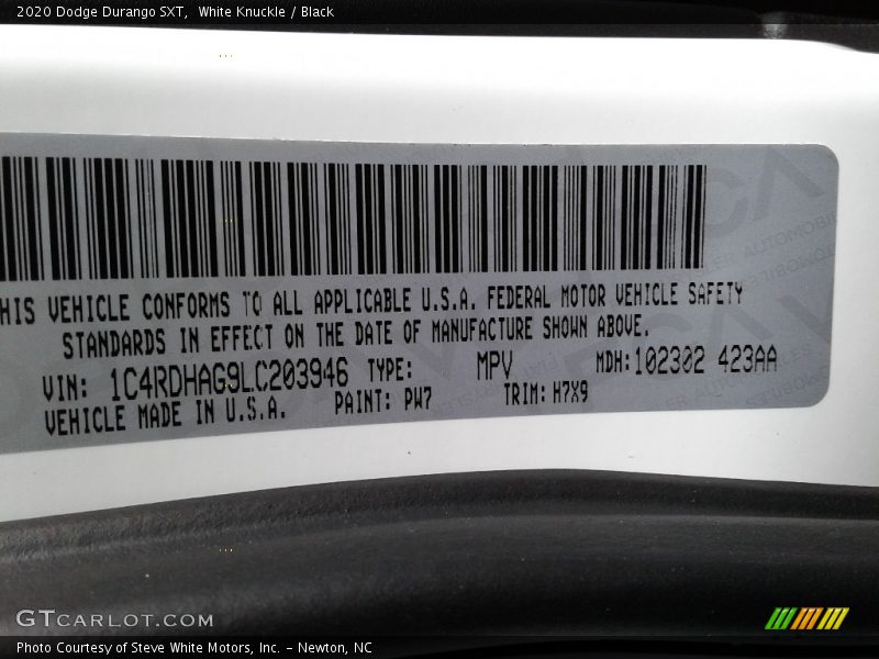 White Knuckle / Black 2020 Dodge Durango SXT