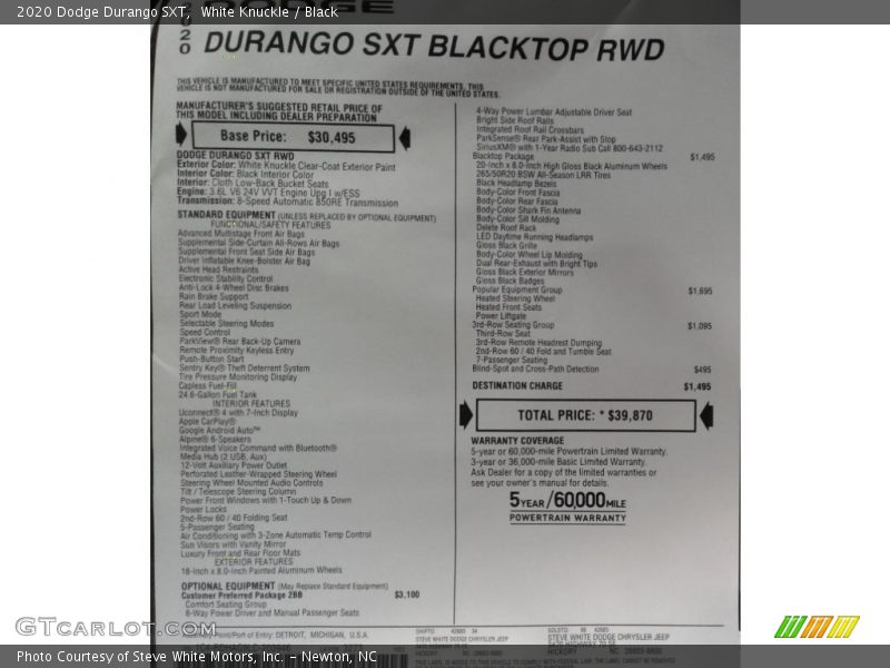 White Knuckle / Black 2020 Dodge Durango SXT