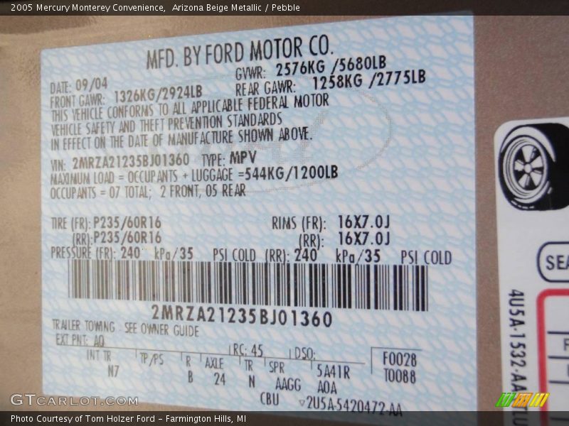 Arizona Beige Metallic / Pebble 2005 Mercury Monterey Convenience