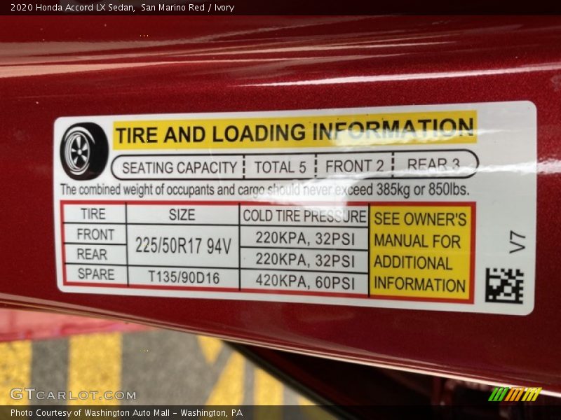 Info Tag of 2020 Accord LX Sedan