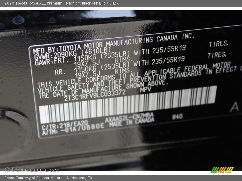 2020 RAV4 XLE Premium Midnight Black Metallic Color Code 218