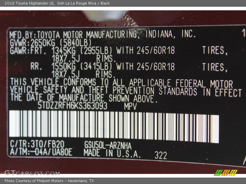 2019 Highlander LE Ooh La La Rouge Mica Color Code 3T0