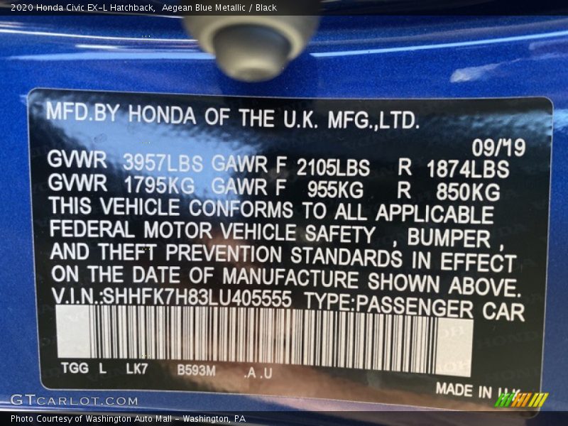 Aegean Blue Metallic / Black 2020 Honda Civic EX-L Hatchback