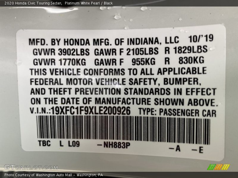 2020 Civic Touring Sedan Platinum White Pearl Color Code NH883P