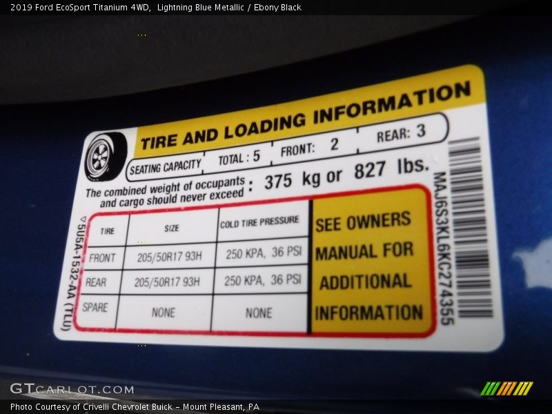 Info Tag of 2019 EcoSport Titanium 4WD