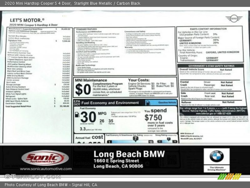 Starlight Blue Metallic / Carbon Black 2020 Mini Hardtop Cooper S 4 Door