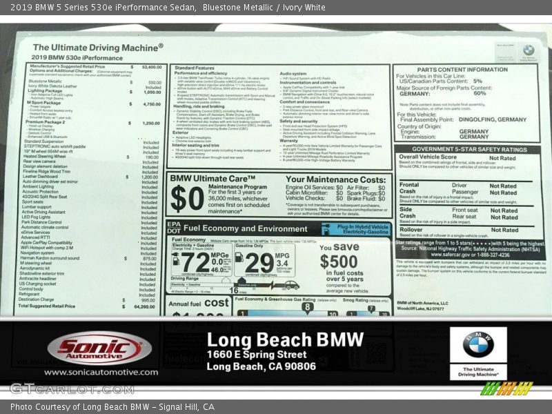 Bluestone Metallic / Ivory White 2019 BMW 5 Series 530e iPerformance Sedan