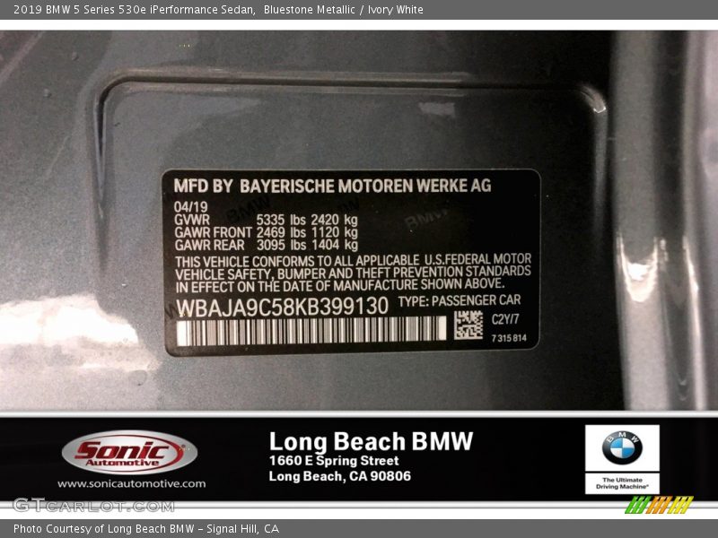 Bluestone Metallic / Ivory White 2019 BMW 5 Series 530e iPerformance Sedan