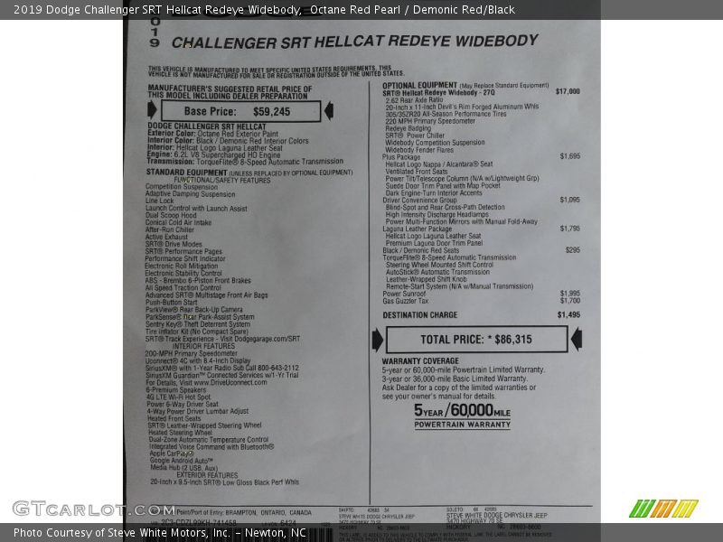  2019 Challenger SRT Hellcat Redeye Widebody Window Sticker