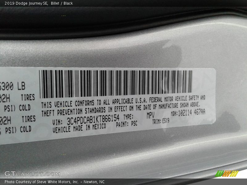 2019 Journey SE Billet Color Code PSC