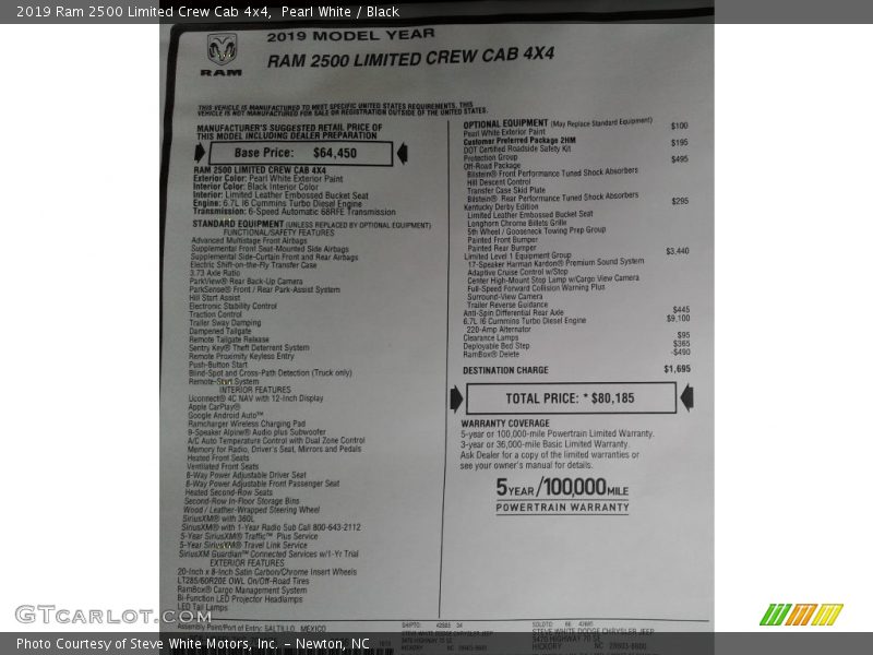 Pearl White / Black 2019 Ram 2500 Limited Crew Cab 4x4