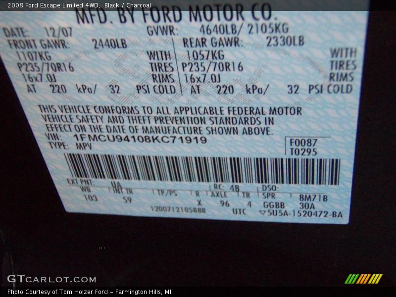 Black / Charcoal 2008 Ford Escape Limited 4WD