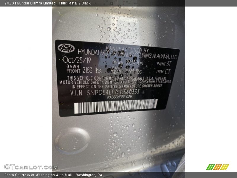 Fluid Metal / Black 2020 Hyundai Elantra Limited