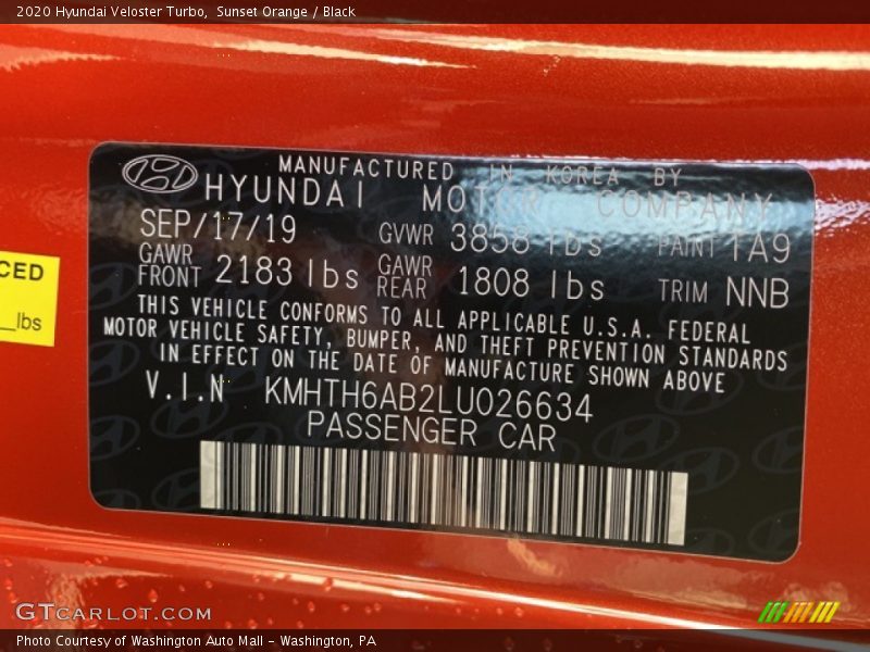 2020 Veloster Turbo Sunset Orange Color Code 1A9