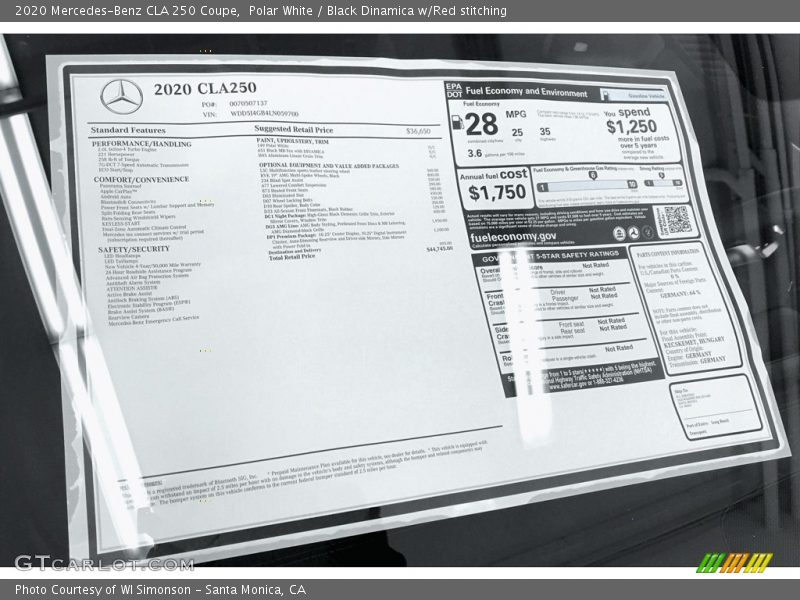 Polar White / Black Dinamica w/Red stitching 2020 Mercedes-Benz CLA 250 Coupe