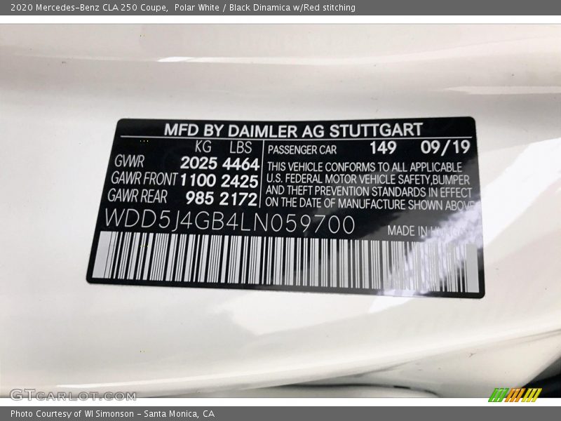 Polar White / Black Dinamica w/Red stitching 2020 Mercedes-Benz CLA 250 Coupe