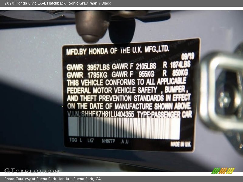 2020 Civic EX-L Hatchback Sonic Gray Pearl Color Code NH877P