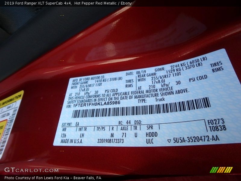 2019 Ranger XLT SuperCab 4x4 Hot Pepper Red Metallic Color Code EA