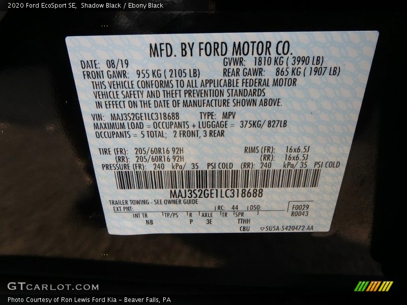 Shadow Black / Ebony Black 2020 Ford EcoSport SE