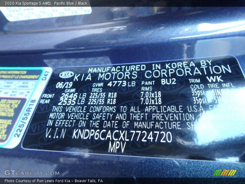 Pacific Blue / Black 2020 Kia Sportage S AWD