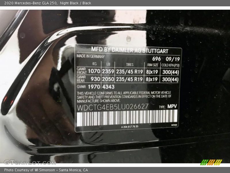 Night Black / Black 2020 Mercedes-Benz GLA 250