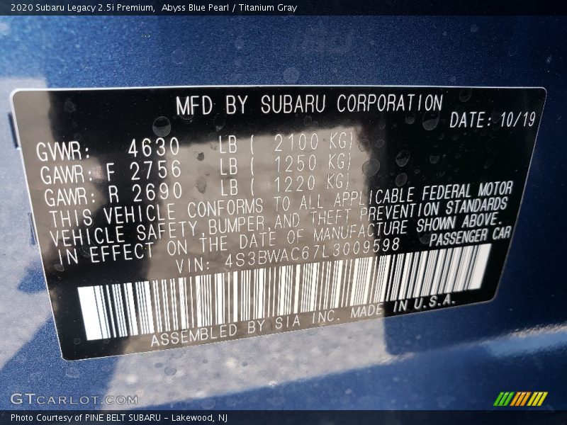 Abyss Blue Pearl / Titanium Gray 2020 Subaru Legacy 2.5i Premium