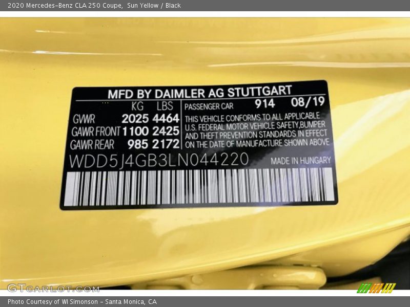 2020 CLA 250 Coupe Sun Yellow Color Code 914