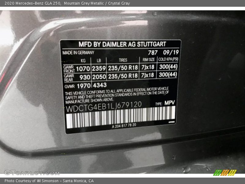 Mountain Grey Metallic / Crystal Gray 2020 Mercedes-Benz GLA 250