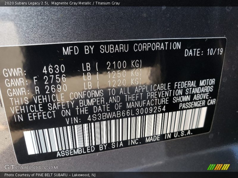 Magnetite Gray Metallic / Titanium Gray 2020 Subaru Legacy 2.5i