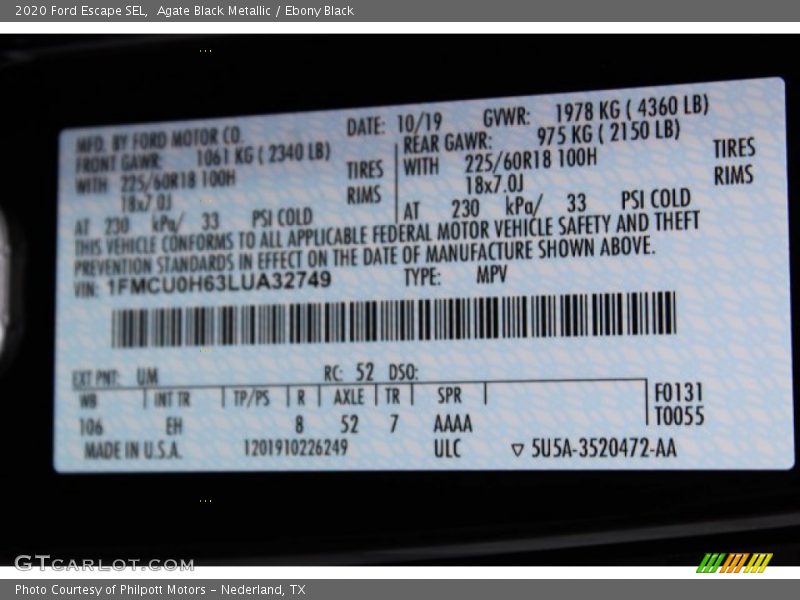 Agate Black Metallic / Ebony Black 2020 Ford Escape SEL