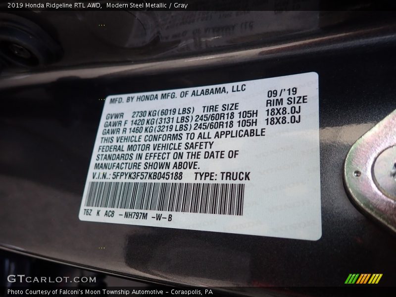 Modern Steel Metallic / Gray 2019 Honda Ridgeline RTL AWD
