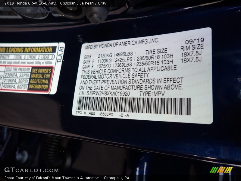 Obsidian Blue Pearl / Gray 2019 Honda CR-V EX-L AWD