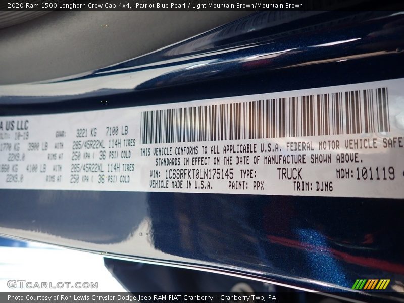 2020 1500 Longhorn Crew Cab 4x4 Patriot Blue Pearl Color Code PPX