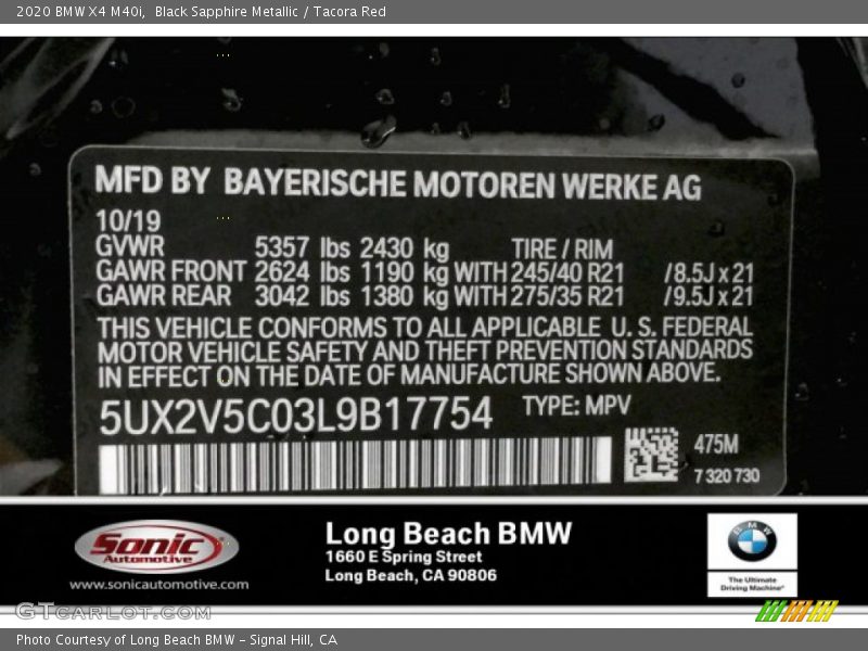 Black Sapphire Metallic / Tacora Red 2020 BMW X4 M40i