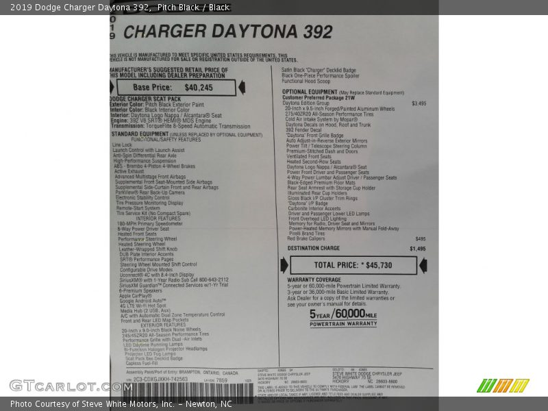  2019 Charger Daytona 392 Window Sticker
