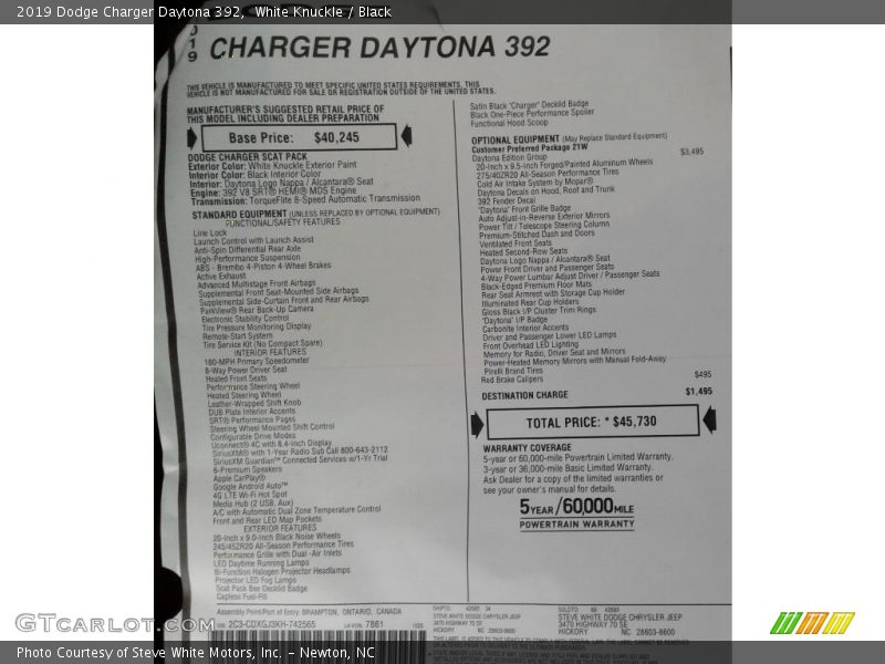 White Knuckle / Black 2019 Dodge Charger Daytona 392