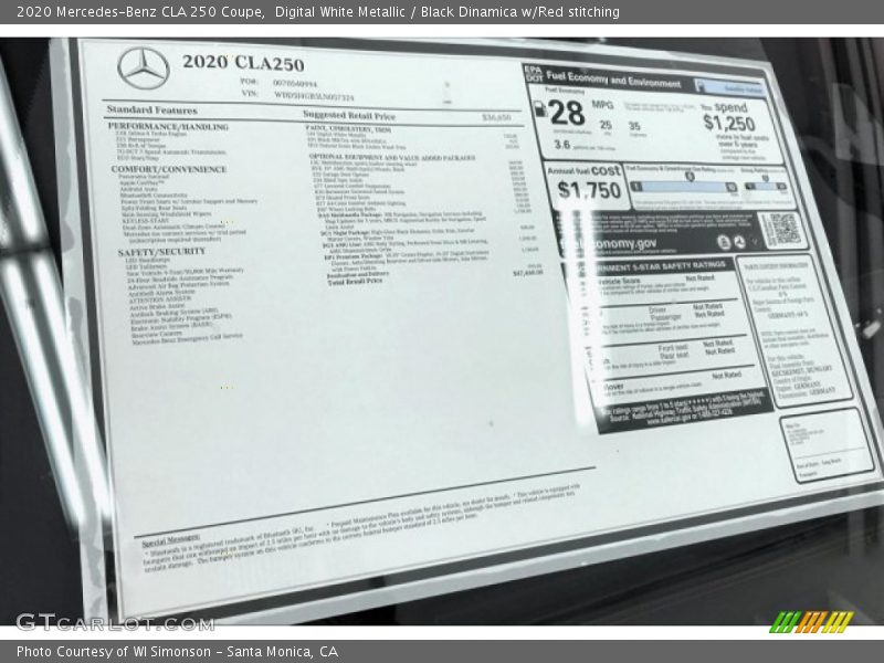  2020 CLA 250 Coupe Window Sticker