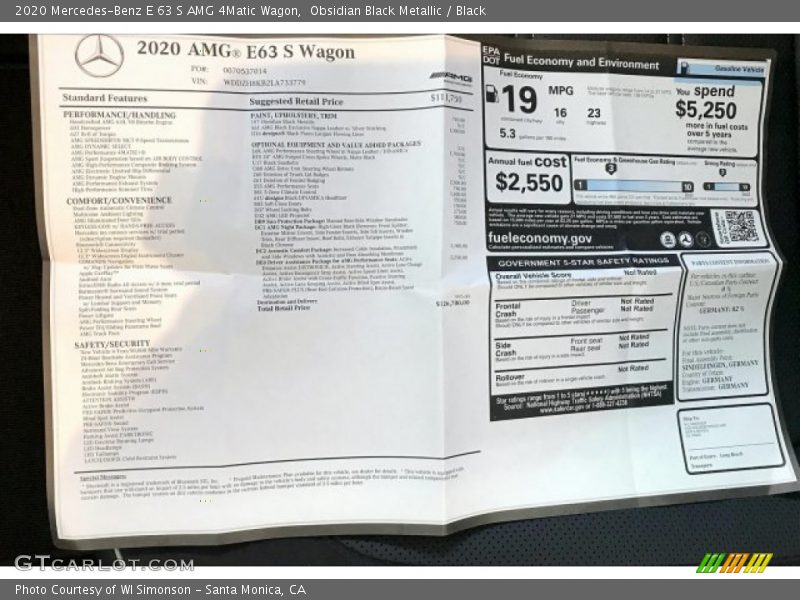  2020 E 63 S AMG 4Matic Wagon Window Sticker