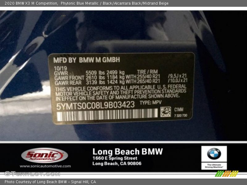 Phytonic Blue Metallic / Black/Alcantara Black/Midrand Beige 2020 BMW X3 M Competition