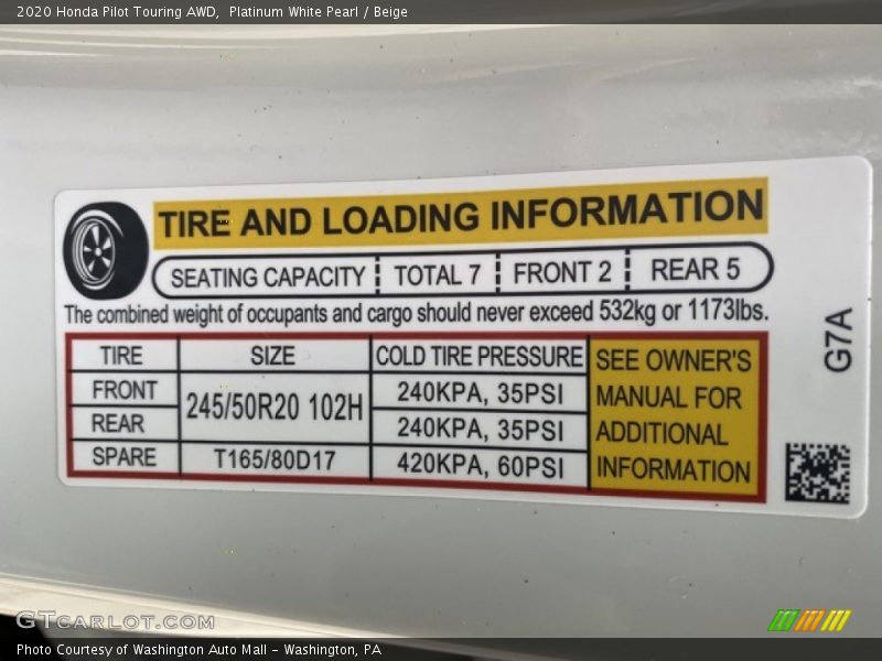 Info Tag of 2020 Pilot Touring AWD