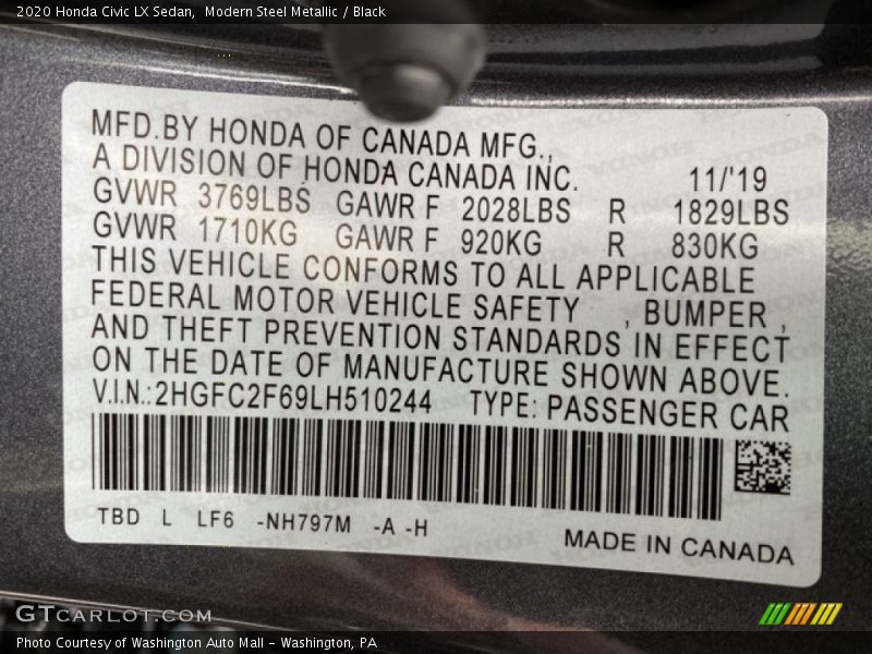 Modern Steel Metallic / Black 2020 Honda Civic LX Sedan