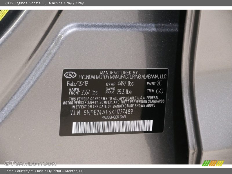 Machine Gray / Gray 2019 Hyundai Sonata SE