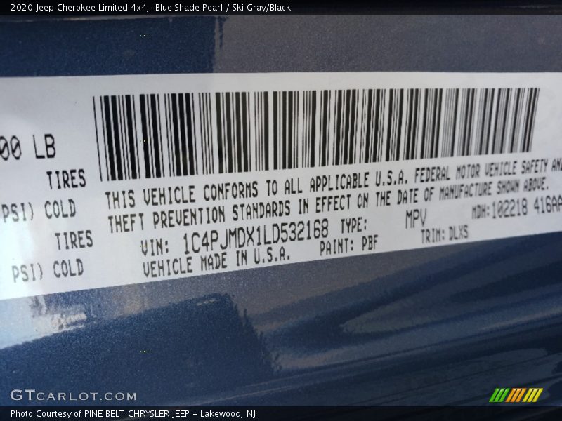 2020 Cherokee Limited 4x4 Blue Shade Pearl Color Code PBF