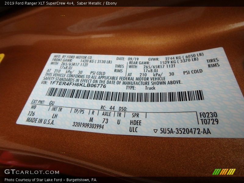 2019 Ranger XLT SuperCrew 4x4 Saber Metallic Color Code GU
