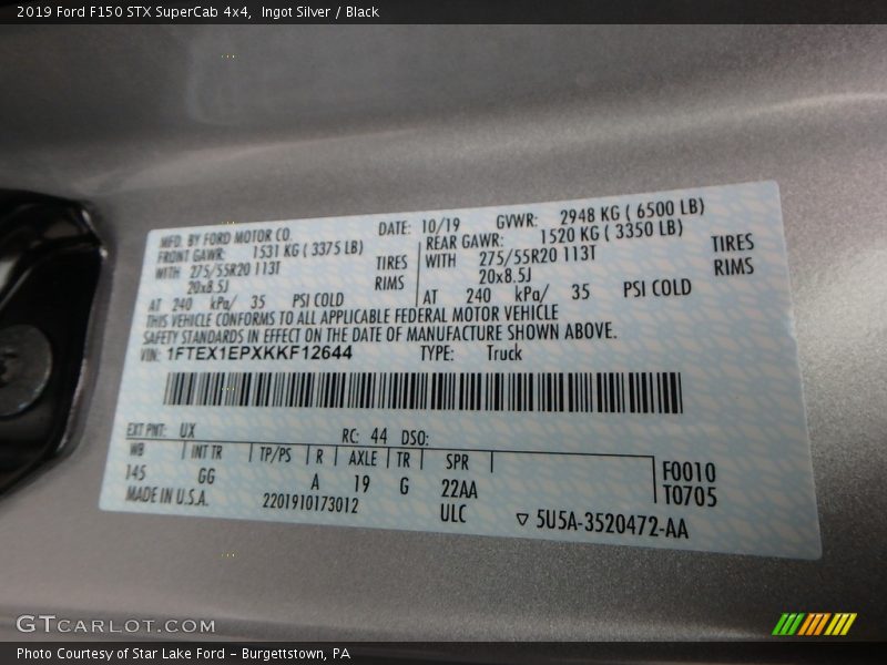 2019 F150 STX SuperCab 4x4 Ingot Silver Color Code UX