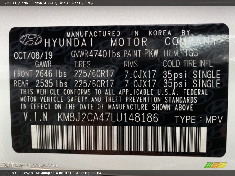 Winter White / Gray 2020 Hyundai Tucson SE AWD