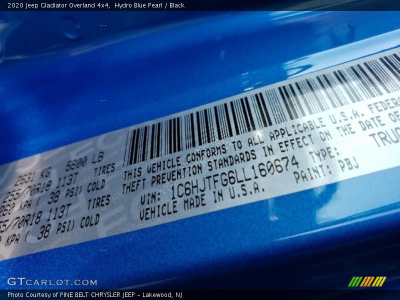 2020 Gladiator Overland 4x4 Hydro Blue Pearl Color Code PBJ